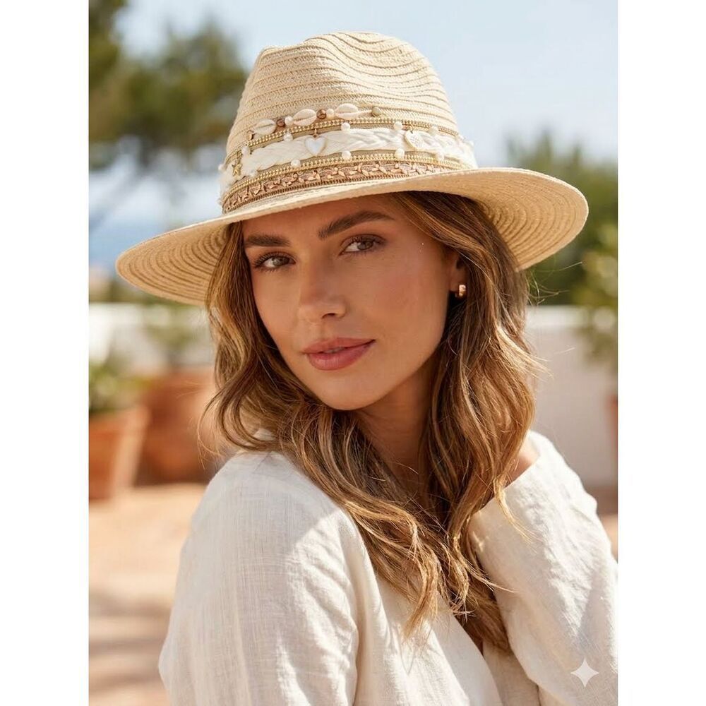 New bohemian style cream straw fedora hat embellished Handmade boho size Medium